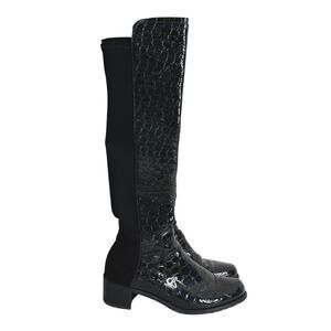 Stuart Weitzman Black over the knee boot patent croc embossed leather stretch